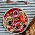 This is a simple Greek salad, fresh and easy to make. Perfect to serve as a side dish for a Barbecue.