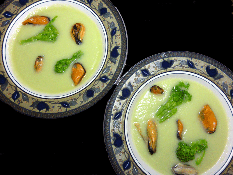 Chayote Squash Mousse with Mussels and Cime di Rapa