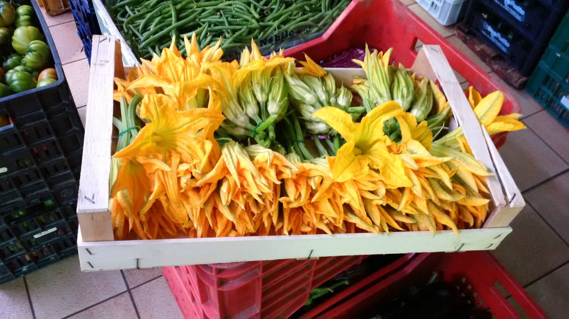 Fresh courgette flowers at the farmer's market