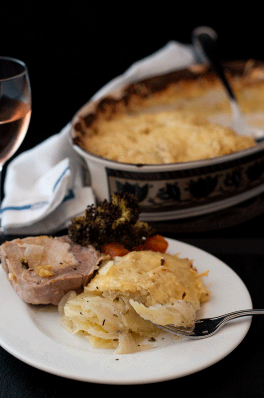 Gratin Dauphinoise served with pork stew