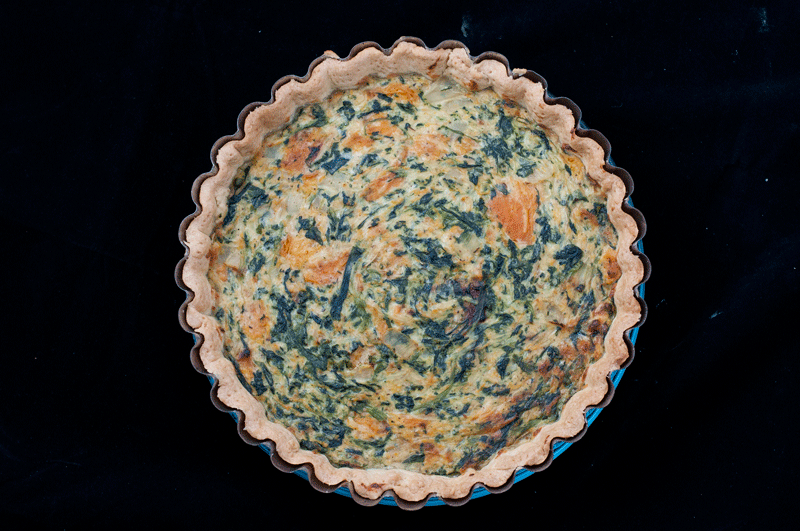 Caramelized Squash Ricotta Spinach Bacon Quiche cooked
