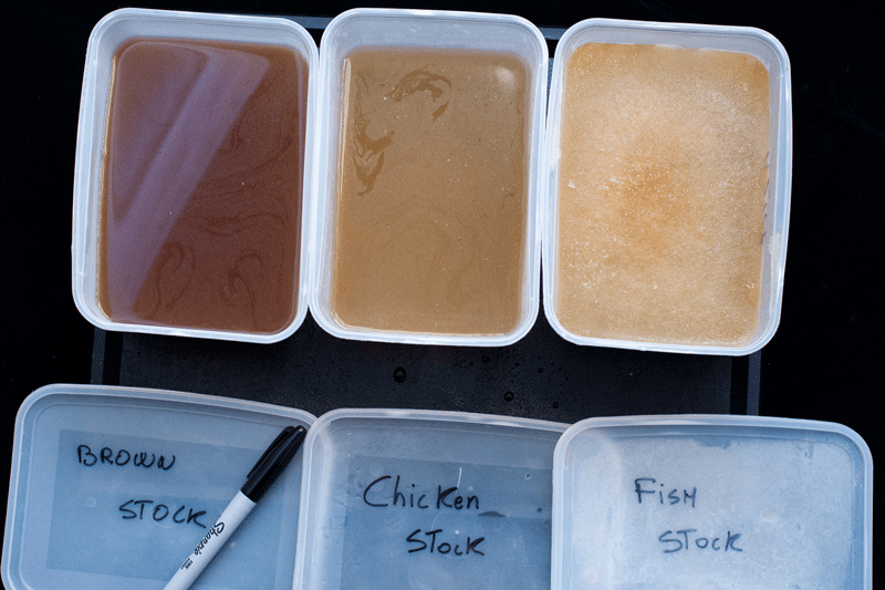 Homemade stocks Brown stock Chicken stock and Fish stock to freeze