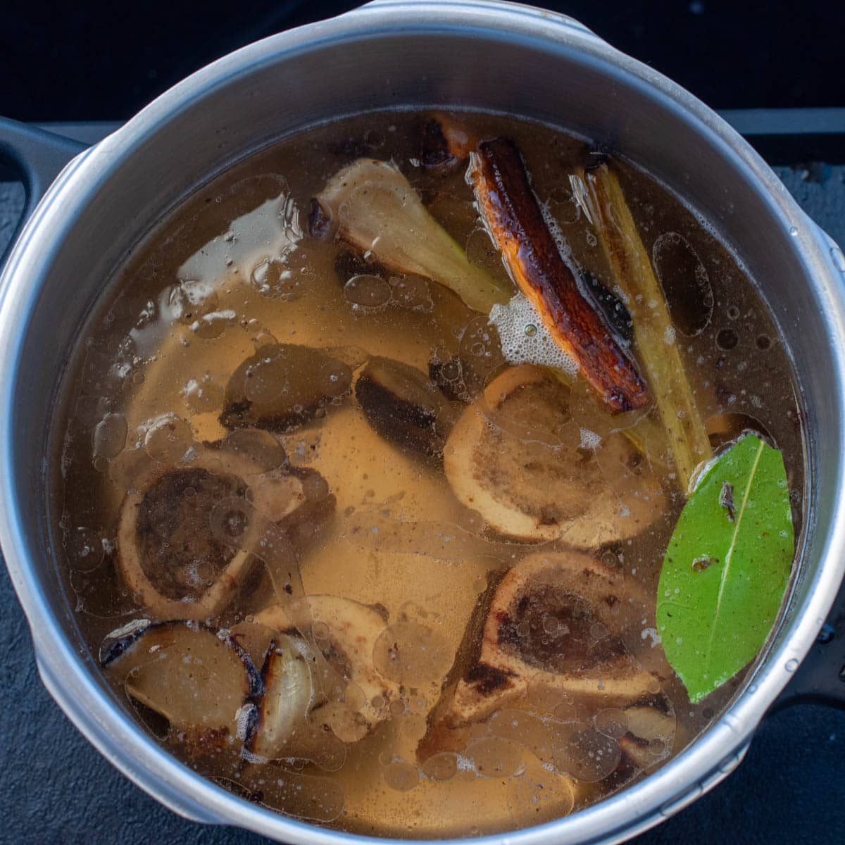 Brown stock made with roasted bone marrow in the pressure cooker