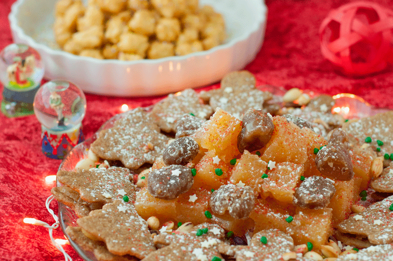 Quince paste, marron glace and speculos cookies as a Christmas platter