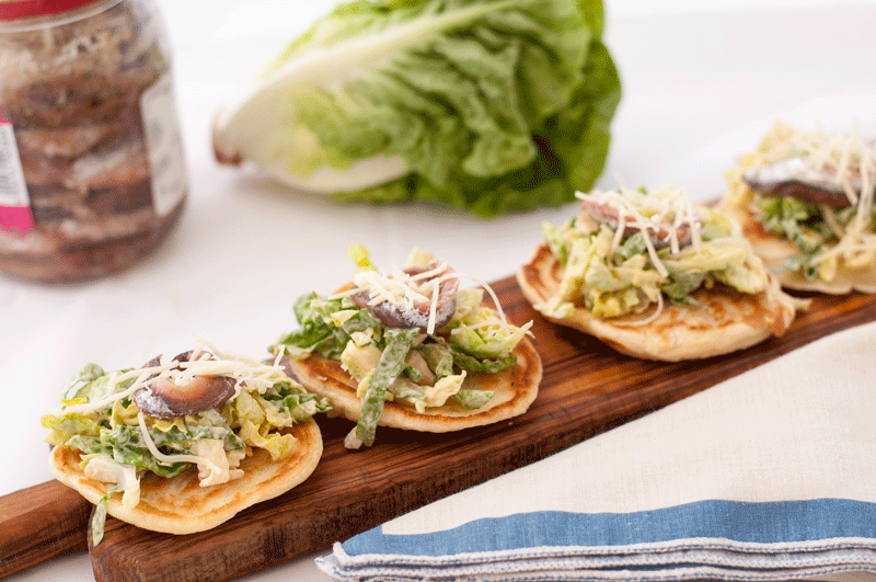 Savoury pancakes with anchovies and lettuce and Parmesan Flakes