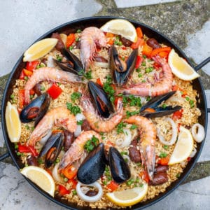 Homemade seafood Paella with chorizo cooked on the bbq