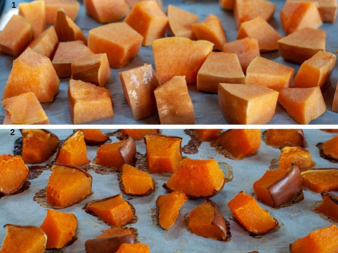 process photos on how to roast a chopped butternut squash