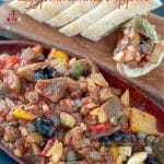 This Sicilian Caponata recipe is a traditional recipe, made with all local produce: peppers, eggplants, nuts and raisins. Sweet and sour, Middle Eastern flavours, Sicilian history into one recipe. Make ahead, the next day it will taste even better.  #yourguardianchef #appetizers #vegetarian #buffet #vegan #italianrecipe #italianfood