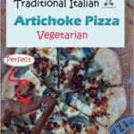This artichokes pizza combines the earthy taste of artichokes with gooey strong cheese and the sweetness of sundried tomatoes. The artichokes are fresh, cooked beforehand then roasted over the pizza.