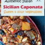 This Sicilian Caponata recipe is a traditional recipe, made with all local produce: peppers, eggplants, nuts and raisins. Sweet and sour, Middle Eastern flavours, Sicilian history into one recipe. Make ahead, the next day it will taste even better. 