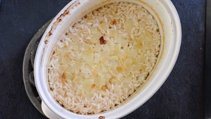 baked rice out of the oven