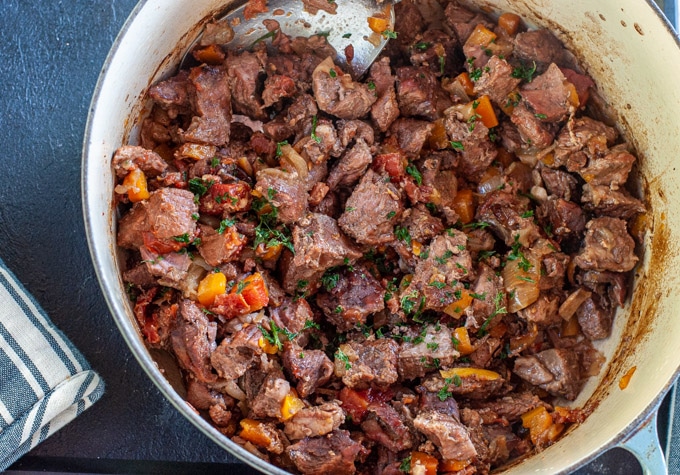 Beef daube provencal cooked in a casserole