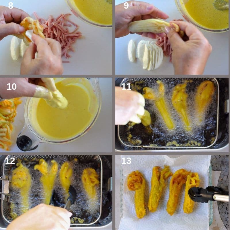 Making the fried zucchini flowers