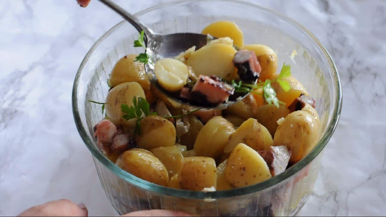 octopus potato salad on a spoon