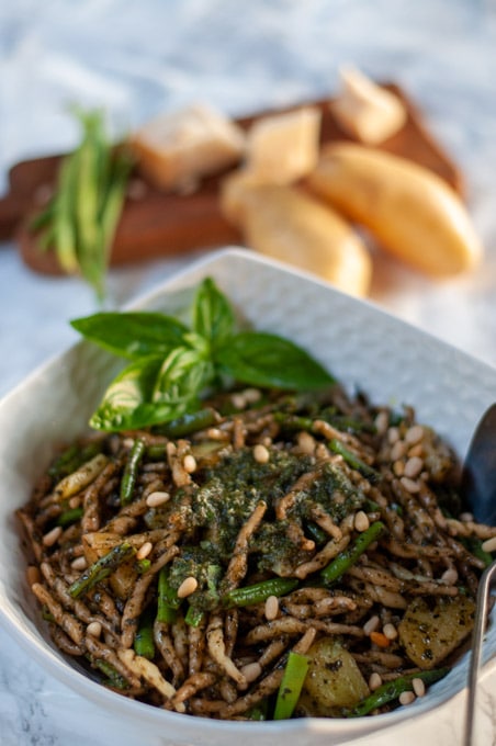 Trofie with pesto genovese on a serving plate