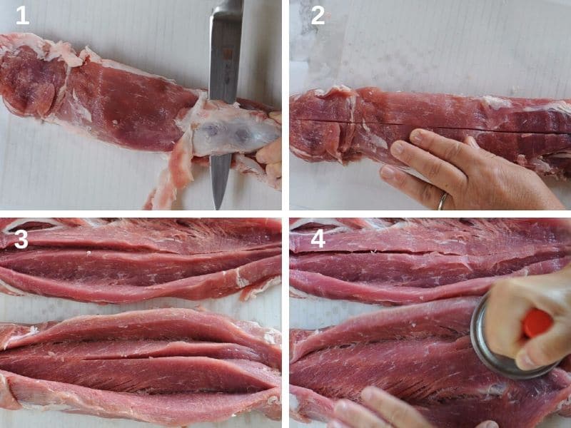 Cutting a pork tenderloin for stuffing