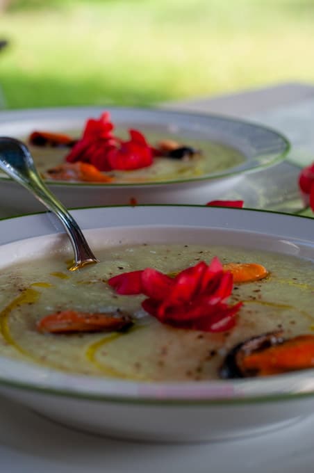 Chayote soup with mussels on a plate served with begonia flower