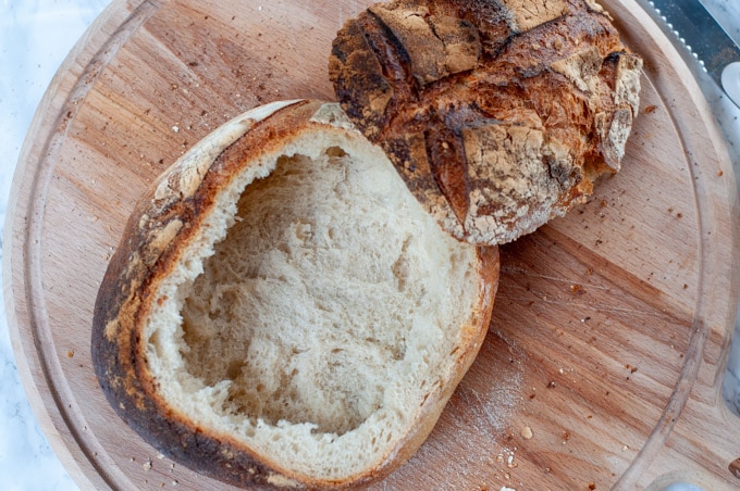 sourdough bread top open and hollow inside