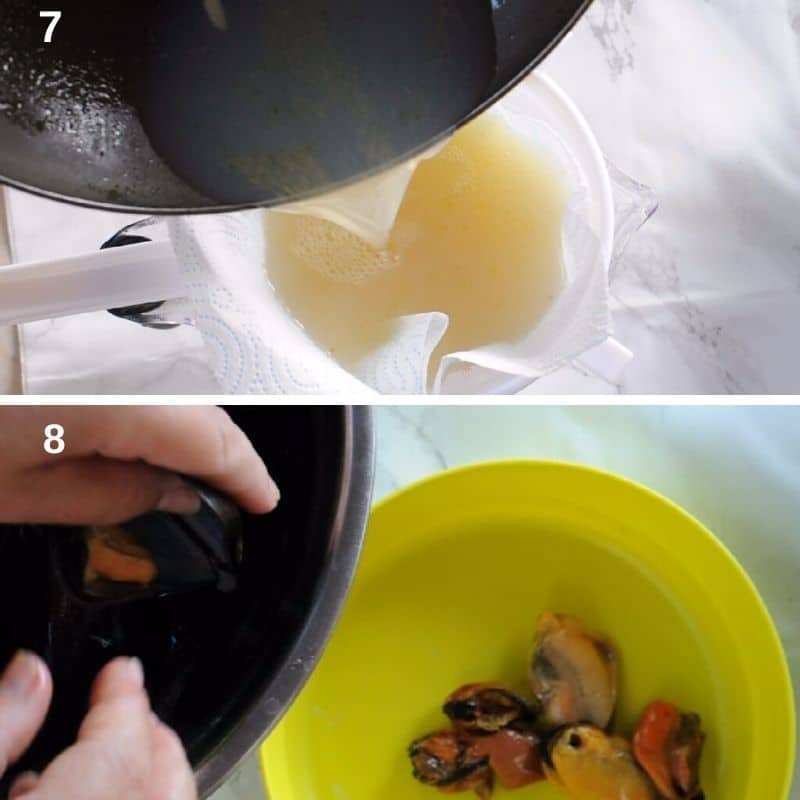 Filter the juices and cleaning the mussels