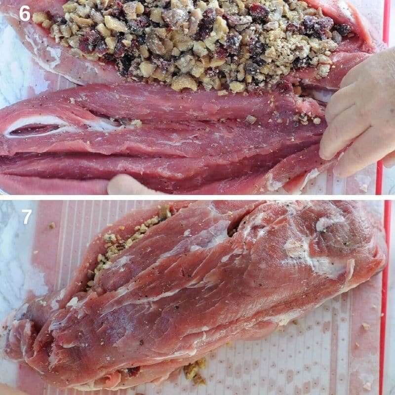 Lay the stuffing between the two tenderloins