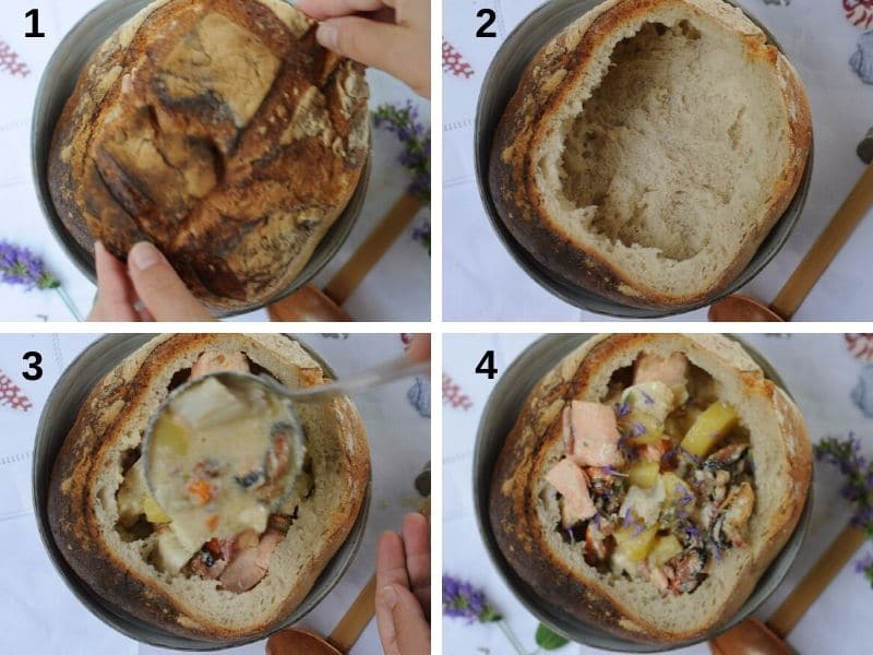 Serving the seafood chowder in a bread bowl
