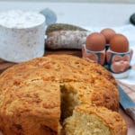 This Italian cheese bread is a delicacy for Easter Monday picnic. It is eaten with salami and boiled eggs, and sometimes bacon or sausages are also added to the dough to make Italian sausage bread or bacon bread. Either way, it is good all year round!