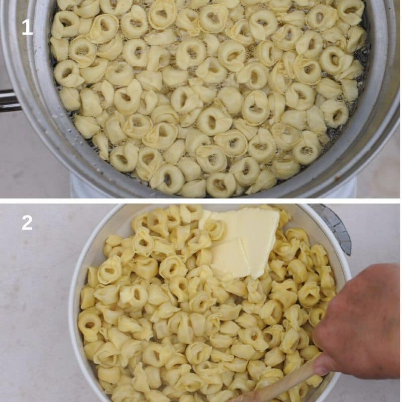 showing steps on how to pre cook the tortellini