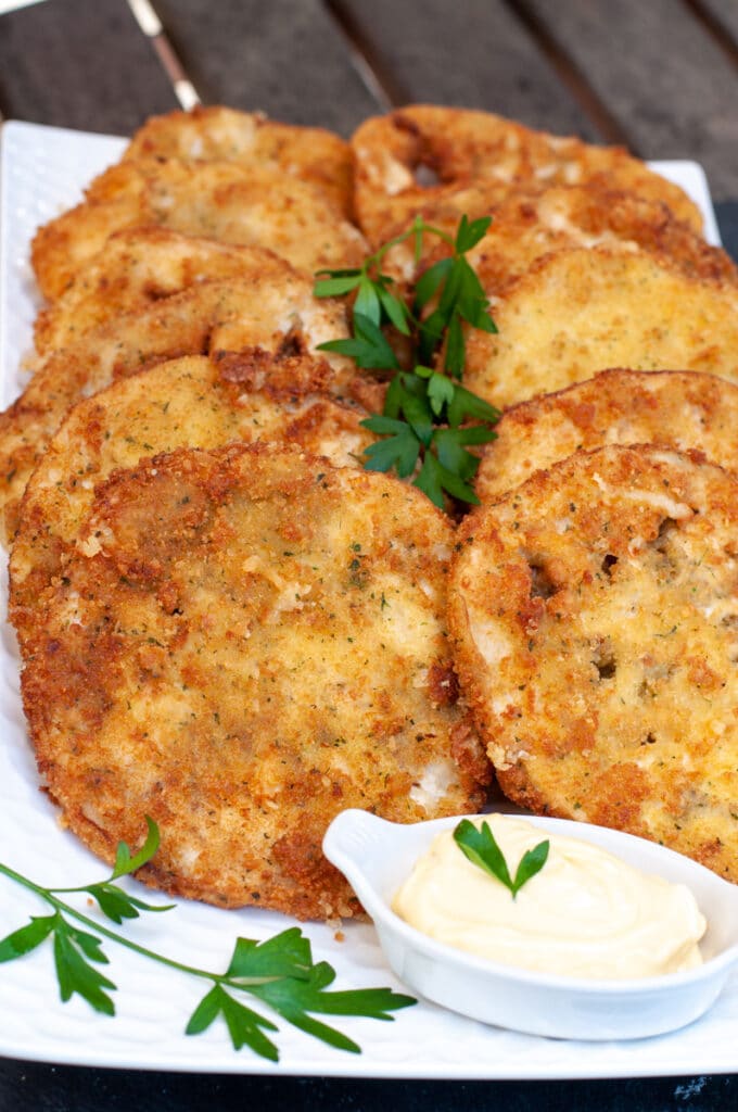 Eggplant Milanese laid on a serving tray