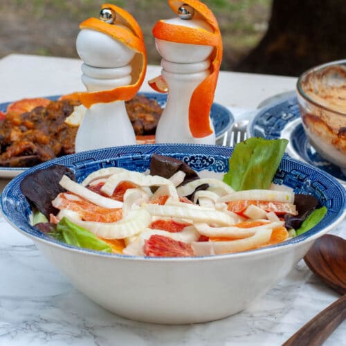 Italian orange salad with fennel on a serving bowl and peel monkeys on the salt and pepper