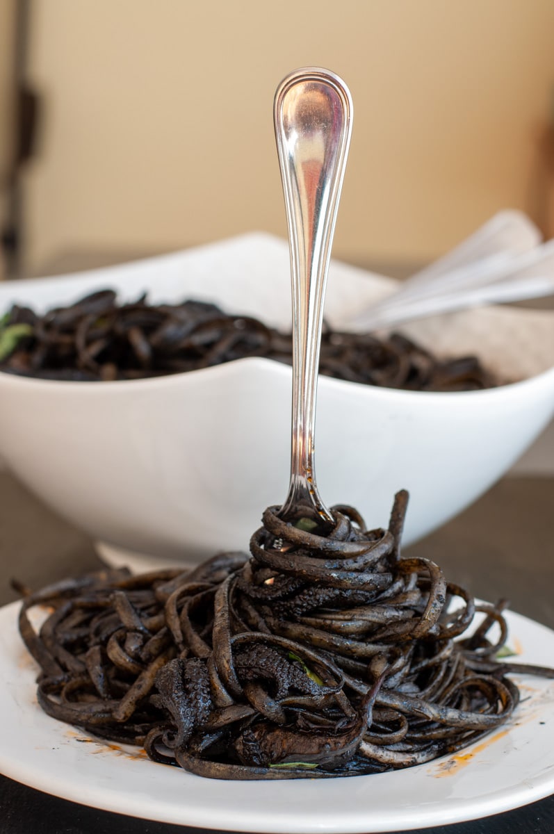 pasta with black ink rolled with a fork