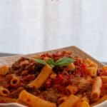 This swordfish pasta recipe is a delicious summer lunch made with swordfish ragu and fried eggplants. It is a typical dish from Catania in Sicily, where eggplants and swordfish are a local delicacy.