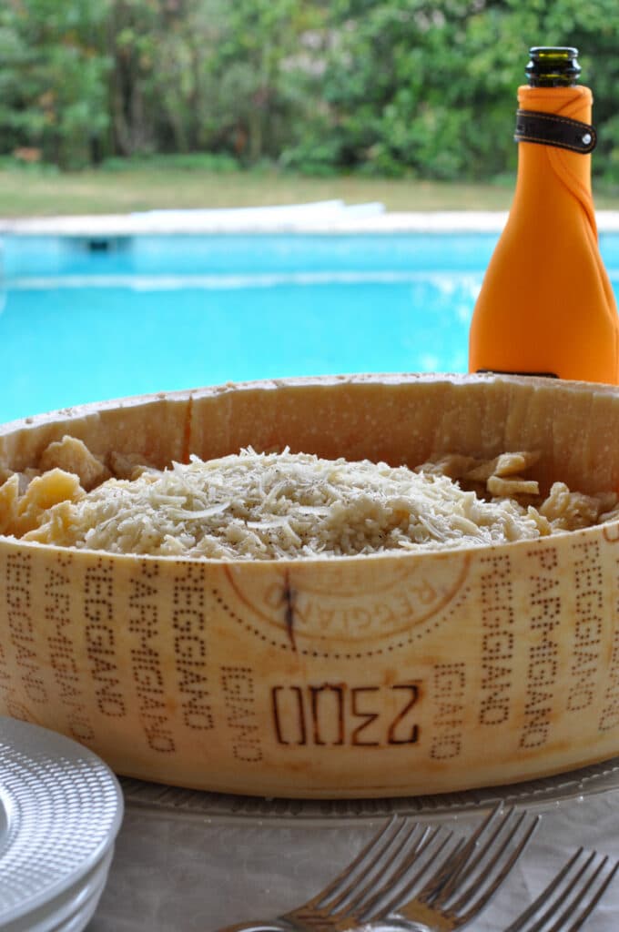 champagne risotto recipe served in a Parmesan wheel