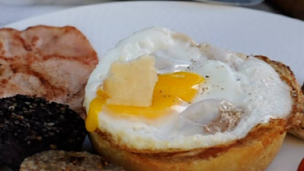 sunny-side-up egg with English muffin