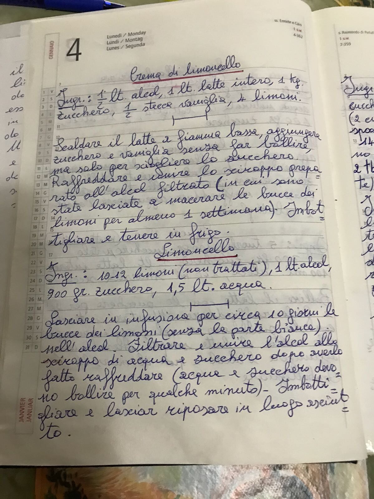 hand writte limoncello recipe