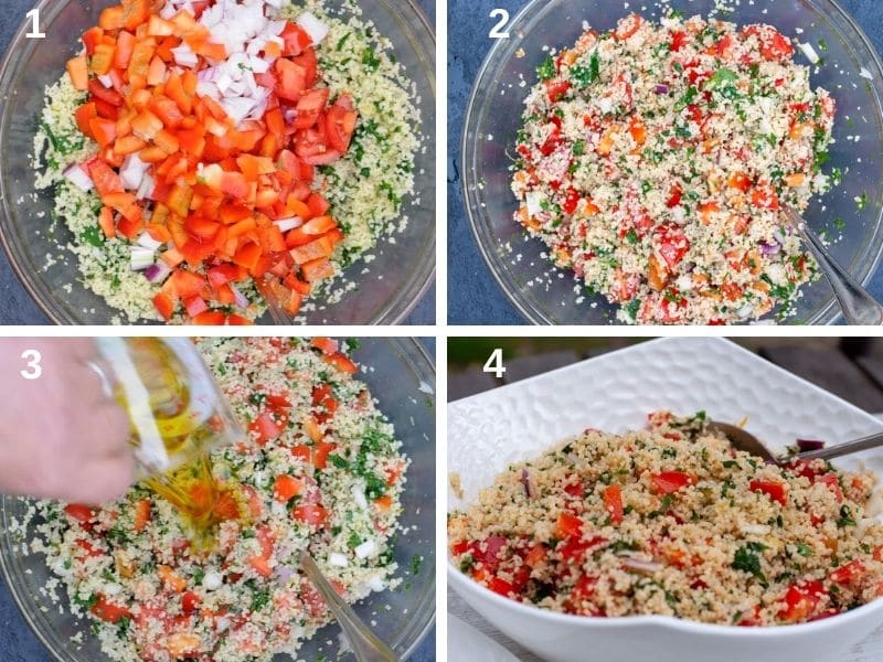 Adding the vegetables to the tabbouleh