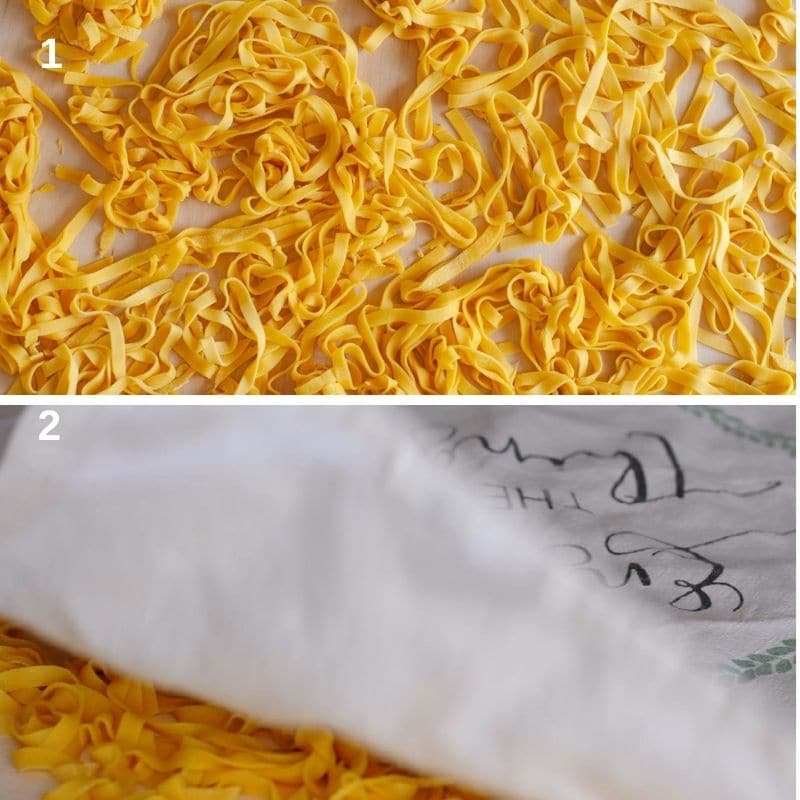 Fresh pasta laid on a surface covered with a cloth to dry