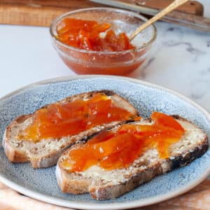 bitter orange marmalade on two slices of bread