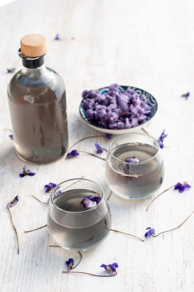 violet liqueur in a nice bottle with some crystallized violets