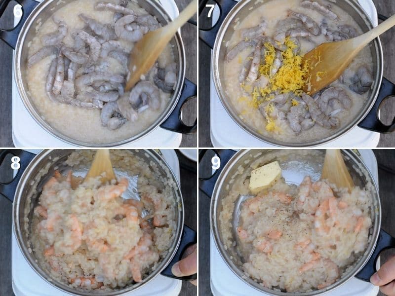 step by step adding the shrimps and finalizing the risotto