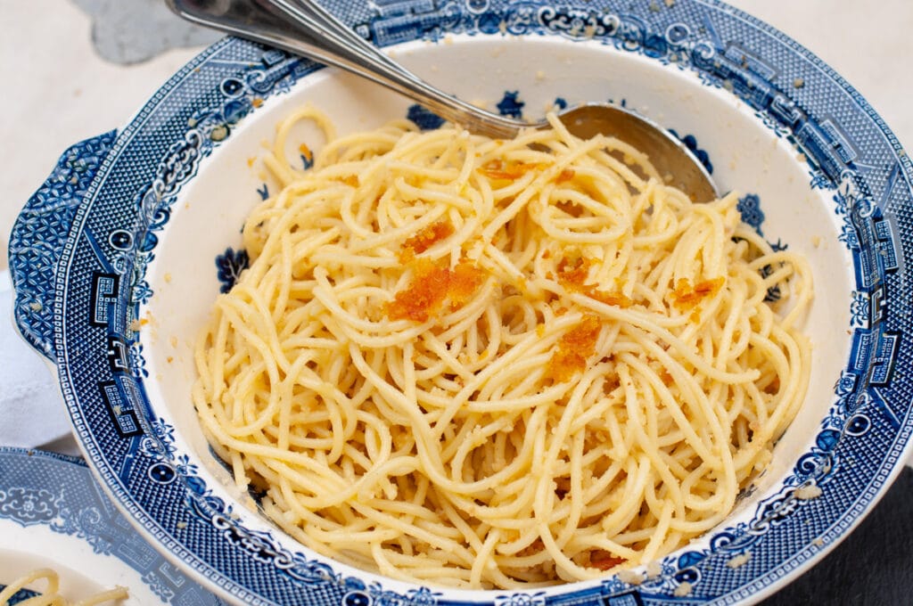 Spaghetti with Bottarga on an elegant serving dish
