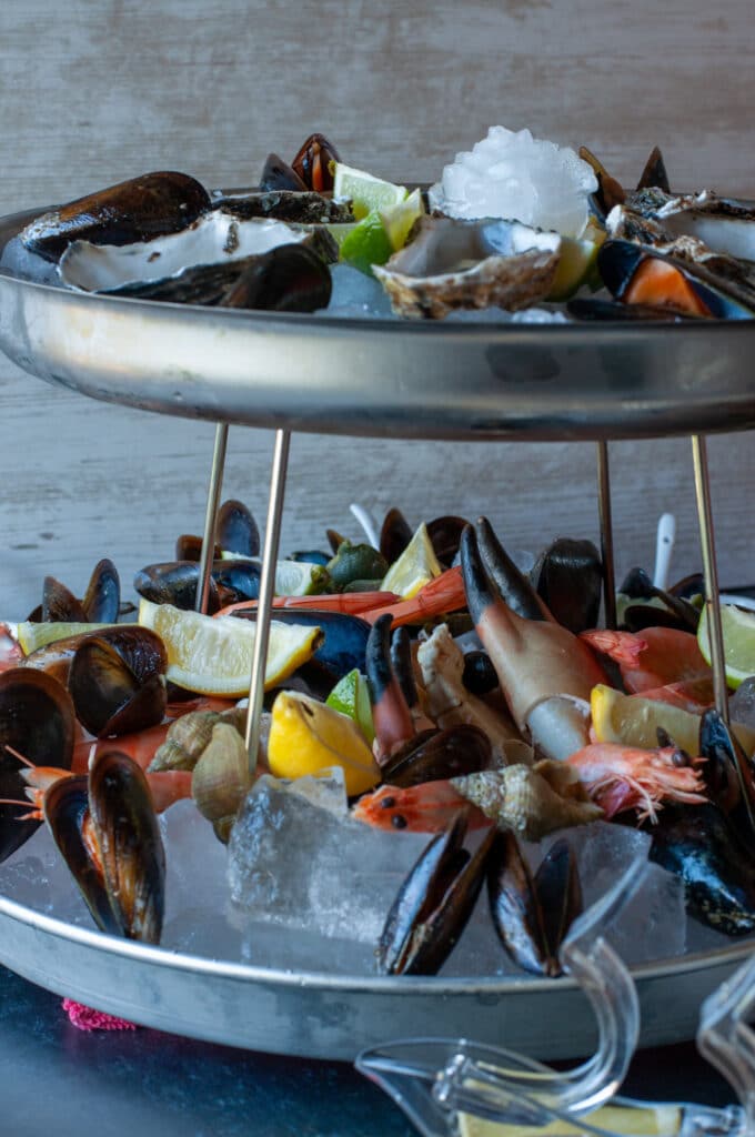 seafood on a 2 tiers tower