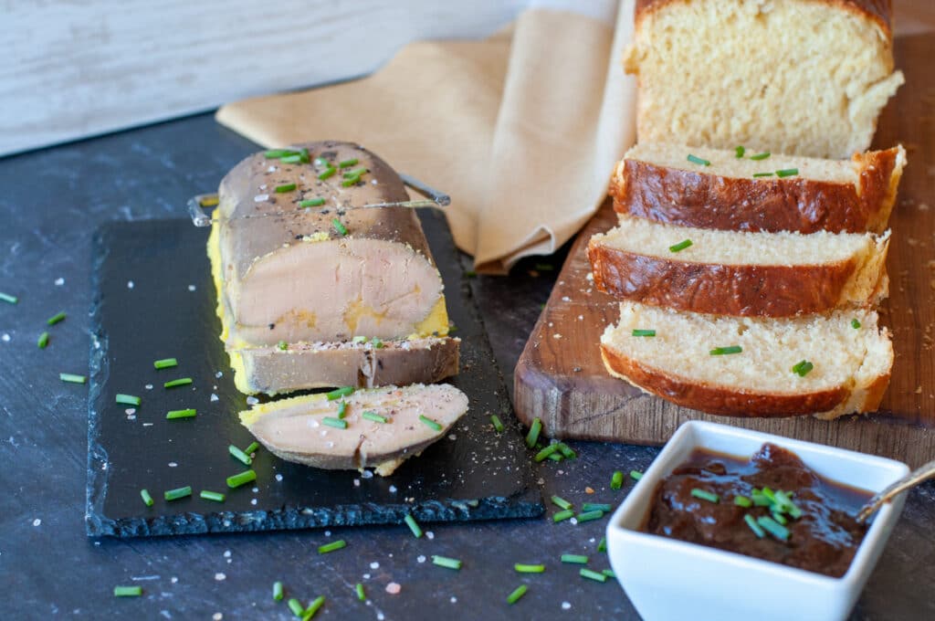 foie gras sliced next to fig relish and brioche