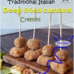Fried custard (crema fritta o cremini) is a sweet creamy custard with a crispy coat served as an aperitif with other fried food "fritto misto". Typically, the fried custard is served with the traditional savory fried stuffed olives called Ascolane olives in Italian. These recipes both originate from Ascoli Piceno in the Marche region.