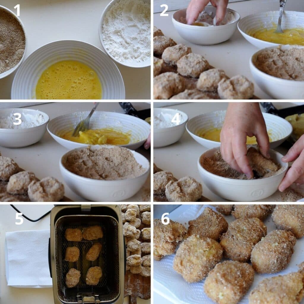 coating and frying the custard cakes