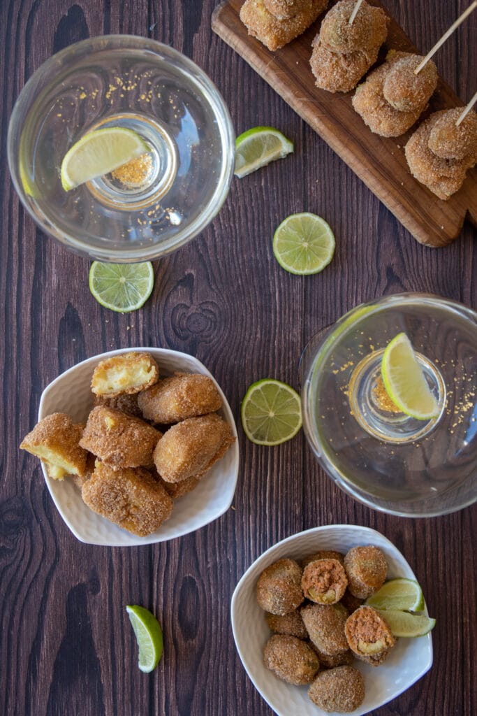 Fried Stuffed Olives Recipe (Authentic Olive Ascolane) served with a drink