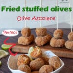 Fried stuffed olives (Olive Ascolane) is a classic appetizer from Italy made using large green olives stuffed with meat, coated with breadcrumbs, and deep fried. With a delicious crispy coating, a rich salty bite of olives and meat mixed with many spices are hidden inside. They are the "posh" version of the ordinary cocktail olives.