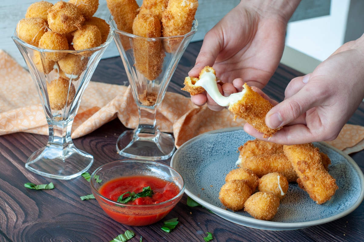 fried mozzarella stick with stringy cheese
