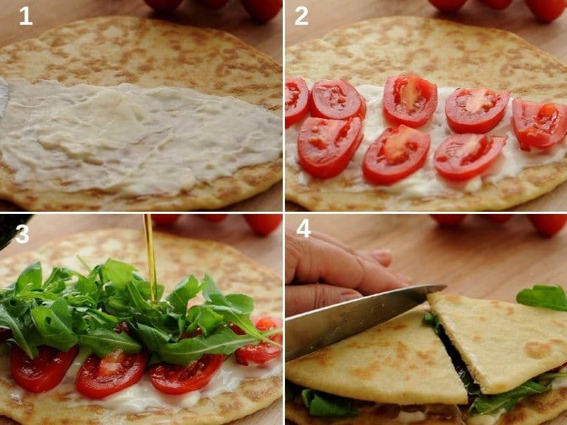 Filling the piadina with squaquerone cheese, tomato and rocket