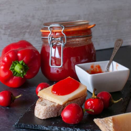 Red pepper jelly served with pecorino cheese