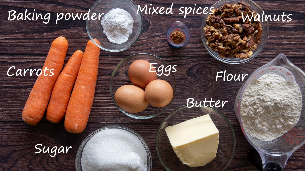 Ingredients for the carrot cake loaf with names